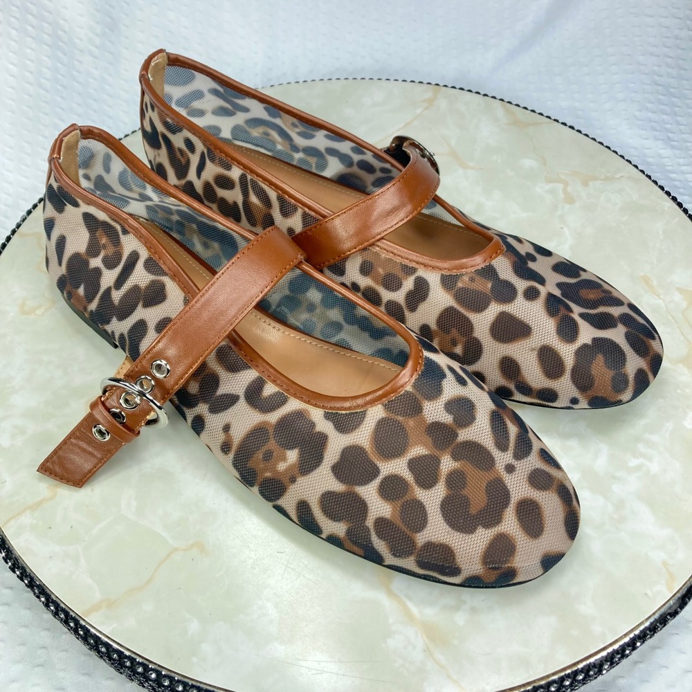 Leopard Print Mesh Mary Jane Flats Womens Sz 10 Brown Buckle Sheer Summer Shoes